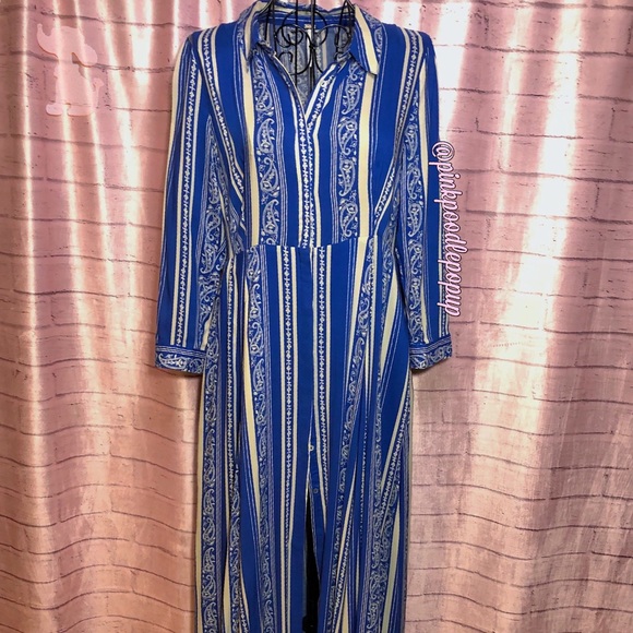 Free People Blue & Ivory Striped Maxi Shirt Dress - Picture 2 of 9